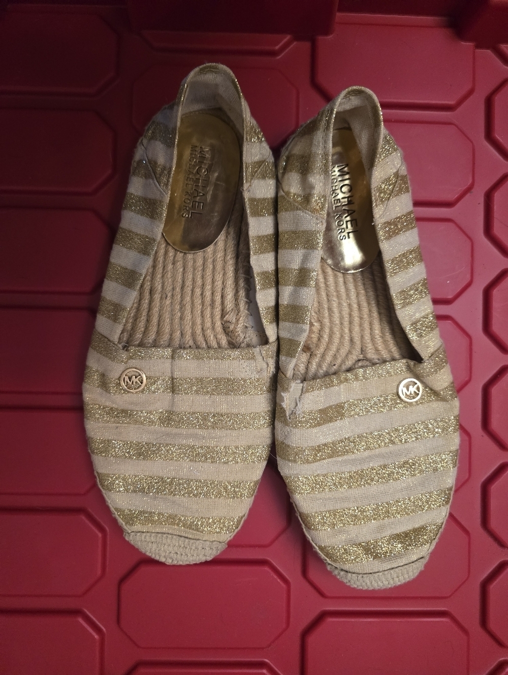 Michael Kors Gold and Beige Striped Canvas Slip-On Flats